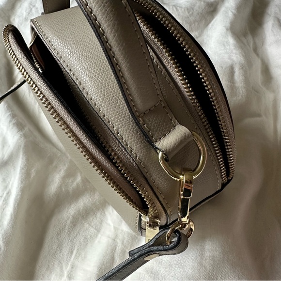 Round Leather Purse | Taupe Leather with Gold Hardware Crossbody Purse - Picture 3 of 5